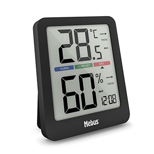 MEBUS digitale Klimastation mit Innenthermometer und -hygrometer, Uhr, Komfortindikator für perfekte Raumtemperatur, Displaybeleuchtung, Min-/Max-Funktion, Trendanzeige, Farbe: Schwarz, Modell: 11115 von Mebus