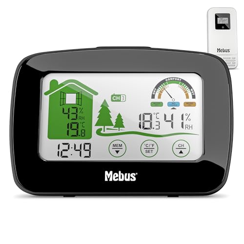 MEBUS funkgesteuerte Wetterstation mit Außensensor, Thermometer/Hygrometer (innen/außen), Wohlfühlindikator bewertet Raumklima, Min-/Max-Funktion, Beleuchtung, Wecker, Farbe: Weiß, Modell: 40903 von Mebus