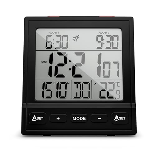 Mebus Digitaler Funkwecker mit Thermometer, Datumsanzeige, Zwei Weckzeiten, Weckwiederholung, automatische Einstellung Sommer-/Winterzeit, Funk-Uhr, Digitalwecker/Farbe: Schwarz/Modell: 25581 von Mebus