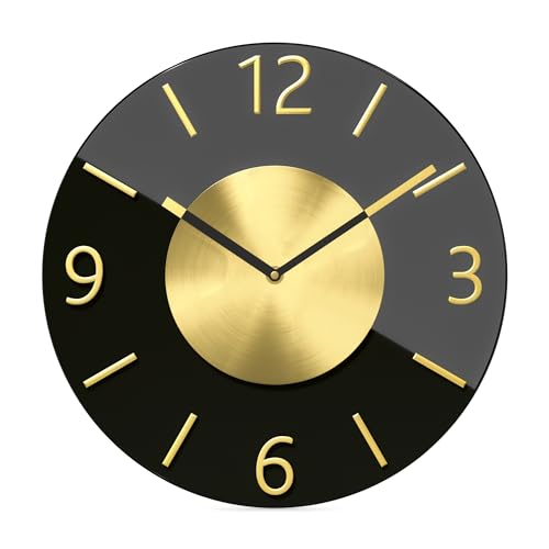 Mebus Quarzwanduhr, Leisegangwerk - Kein Tick-Tack Geräusch, präzises Quarzuhrwerk, Glas - hochwertig und elegant, 3D Aluminium Ziffern, Aluminium Zeiger, Farbe: Schwarz Gold, 32cm von Mebus