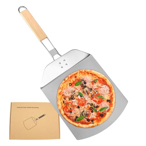 Mecmbj Pizzaschieber, Pizzaschaufel, Pizzaschieber Edelstahl mit Klappbarer Holzgriff, Premium Pizzastein Rechteckig, Pizza- und Kuchenheber, Pizzaschieber für für den Grill Oder Ofe (12 inch) von Mecmbj