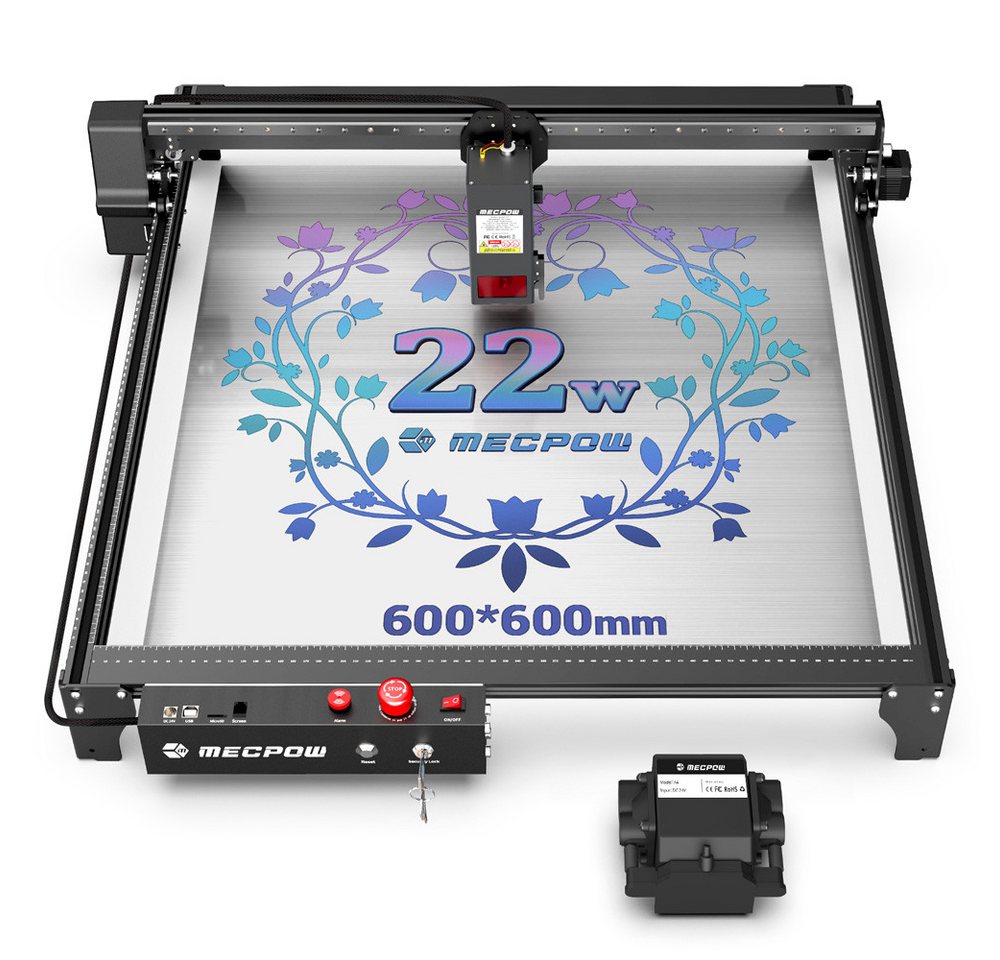 Mecpow Graviergerät X5 22W, 110-220 V, 600x600mm Gravurfläche 0,08x0,1mm Laserpunkt mit Auto Air Assist von Mecpow