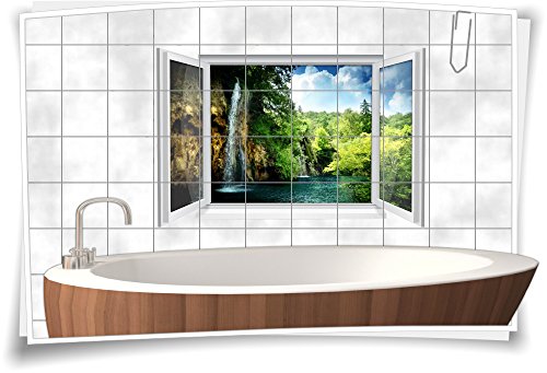 Fliesenaufkleber Fliesenbild Fliesen Aufkleber Sticker Natur Wald Wasser Wasserfall See Bad WC Deko, 105x70cm, 20x25cm (BxH) von Medianlux