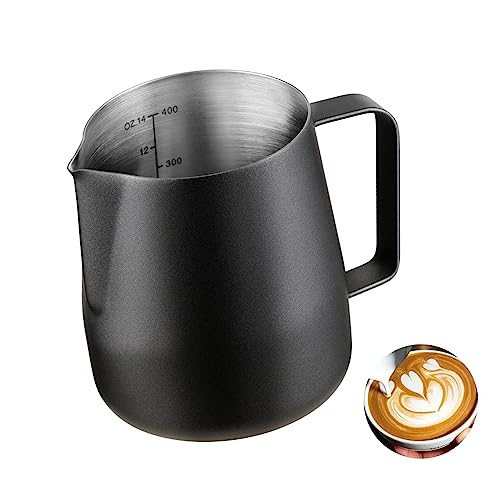 Milchkännchen, 400 ml Handheld Edelstahl Aufschäumkännchen, Kaffee Creamer Milch Aufschäumer Kännchen Tasse mit Messung Mark, Milch Aufschäumen für Cappuccino und Latté, Schwarz von MeelioCafe