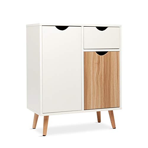 Mondeer Kommode, Sideboard Highboard Anrichte Holz mit 1 Schubladen 2 Türen für Wohnzimmer Schlafzimmer Flur, 60 x 30 x 73 cm, Weiß und Natur von Mondeer