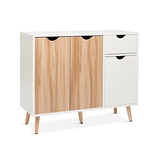 Mondeer Kommode, Sideboard Holz mit 1 Schubladen und 3 Türen für Wohnzimmer Schlafzimmer Flur, Weiß und Natur 90 x 30 x 73 cm von Mondeer