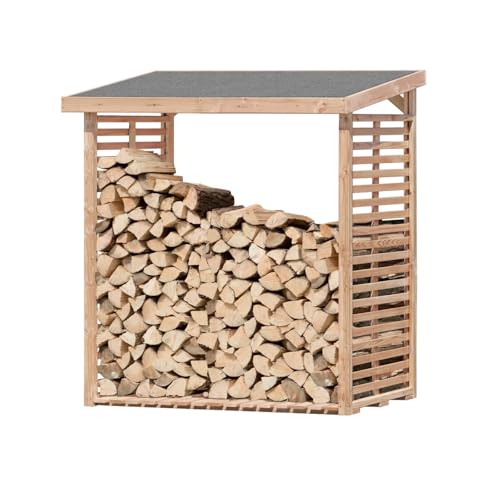 Mega Holz Kaminholzregal Kamo L 2,3m³ aus naturbelassenem Lärchenholz mit Dacheindeckung für außen 200x75x200 cm (BxTxH) Brennholzlager von Mega Holz