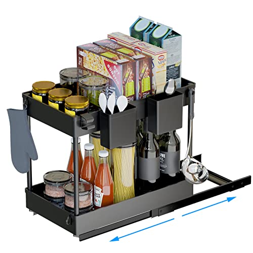 Meihuigo Unter Waschbecken Regal 2 Etagen, Höhenverstellbar Küchen Organizer mit 4 Haken & 2 Tasse Gewürzregal Spülbecken Organizer Under Sink Schrank Organizer für Badezimmer, Küchen… von Meihuigo