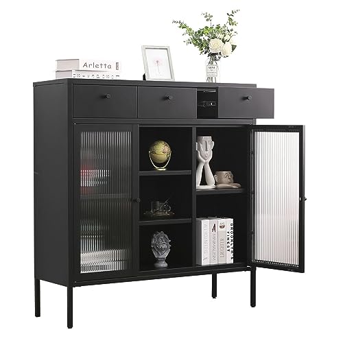 Mein-Regal Highboard Paris mit 3 Schubladen Beistellschrank Wohnzimmer Metall Schrank Ablage 2 Glastüren, Kommode für Bücher und Deko LxBxH ca. 105x35x110 cm von Mein-Regal