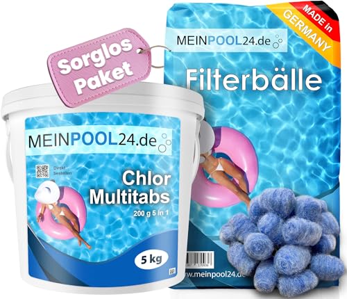 Set: 5 kg Chlor Multitabs 200 g + Filterballs Pool Filterbälle Made in Germany von Meinpool24.de