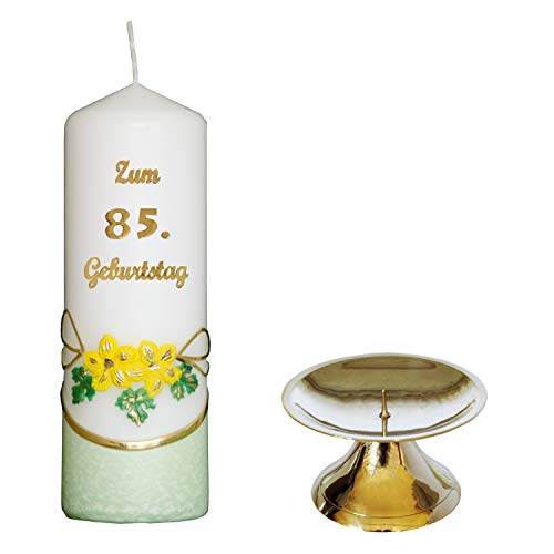 Auswahl * Jubiläumskerze/Geburtstagskerze ''Zum 85. Geburtstag'' * grün * mit farbigen Wachsauflagen * inkl. Kerzenständer aus Messing * (Motiv 002) Auswahl Motiv + Farbe von Meissner-Handel