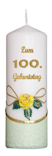Meissner-Handel Auswahl * Jubiläumskerze/Geburtstagskerze ''Zum 100. Geburtstag'' * grün * mit farbigen Wachsauflagen * (Motiv 001) Auswahl Motiv + Farbe von Meissner-Handel