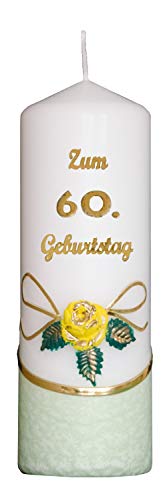 Meissner-Handel Auswahl * Jubiläumskerze/Geburtstagskerze ''Zum 60. Geburtstag'' * grün * mit farbigen Wachsauflagen * (Motiv 001) Auswahl Motiv + Farbe von Meissner-Handel