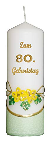 Meissner-Handel Auswahl * Jubiläumskerze/Geburtstagskerze ''Zum 80. Geburtstag'' * grün * mit farbigen Wachsauflagen * (Motiv 002) Auswahl Motiv + Farbe von Meissner-Handel