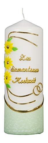 Meissner-Handel Auswahl * Stumpenkerze ''Zur Diamantenen Hochzeit'' * 6 x 18 cm * grün * mit farbigen Wachsauflagen * (Motiv 005) Auswahl Motiv + Farbe von Meissner-Handel