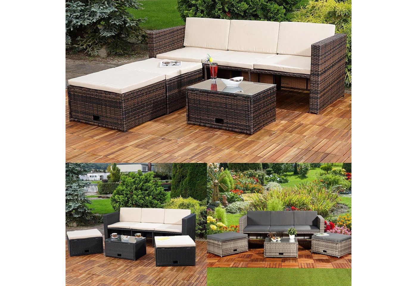 Melko Gartenlounge-Set Gartenmöbel Sitzgruppe Rattanmöbel Set mit Tisch, Sitzbank & 2 Hocker in Schwarz, Grau oder Braun inkl. Sitz- und Rückenkissen Gartenset Lounge Polyrattan Rattanmöbel Sitzmöbel Sofa, (Set, 13-tlg), Hochwertige Flechtoptik von Melko