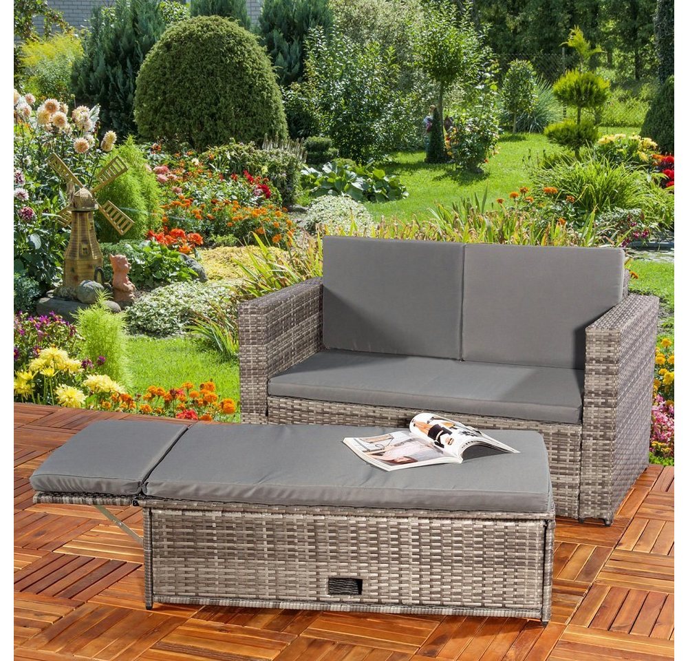 Gartenlounge-Set Gartensofa Lounge Sessel Gartenmöbel aus Polyrattan und klappbare Fußbank in Schwarz, Grau und Braun Gartensofa Sitzgarnitur Hocker XXL Balkon Sitzbank Liege, (Set, 2-tlg), Kissen inkl. Reißverschluss, daher abnehm- und waschbar von Melko