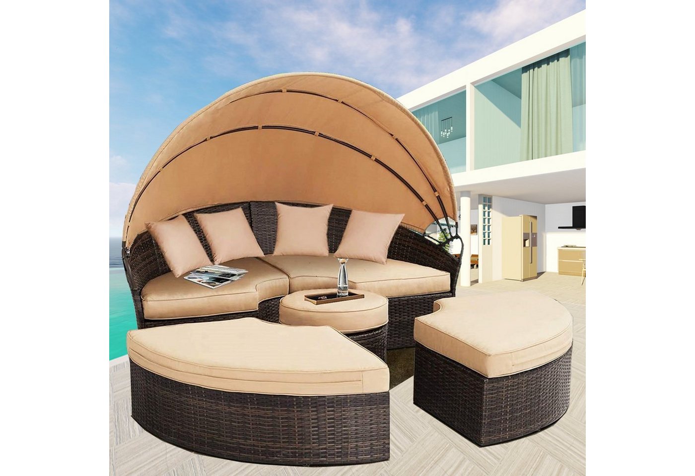 Melko Gartenlounge-Set Polyrattan Sonneninsel Tisch & Kissen 180CM Strandkorb Set, (Stück), Wasserabweisend von Melko