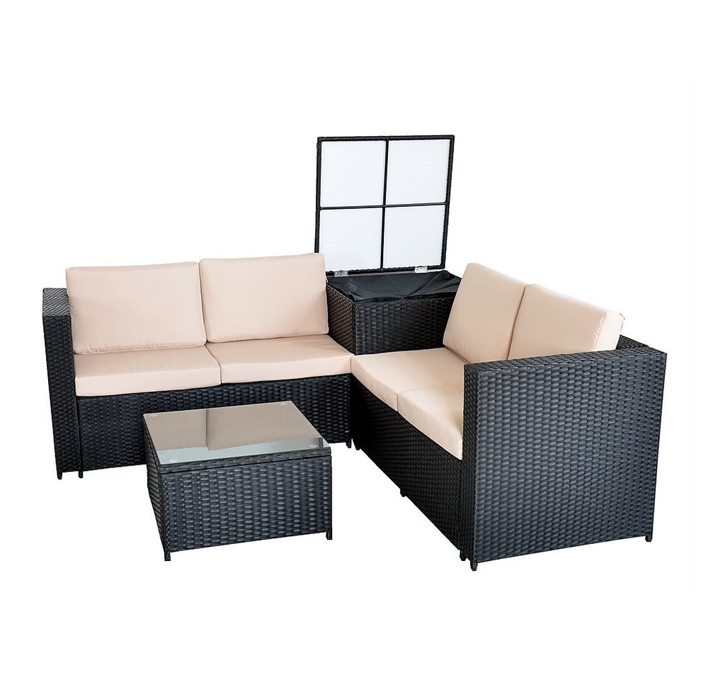 Melko Gartenlounge-Set Rattanlounge + Tisch und Kissenbox in Schwarz Grau Braun Garten Sofa Lounge Gartenmöbel Couch Ecksofa Wohnlandschaft Sitzer Design Gartensofa Lounge, (Set), Sicherheitsglasplatte von Melko