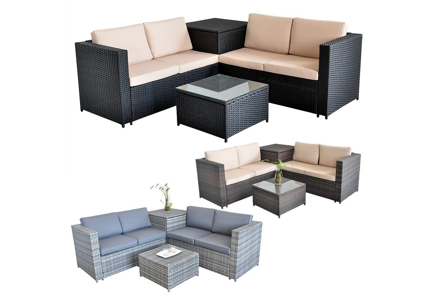 Melko Gartenlounge-Set Rattanlounge + Tisch und Kissenbox in Schwarz Grau Braun Garten Sofa Lounge Gartenmöbel Couch Ecksofa Wohnlandschaft Sitzer Design Gartensofa Lounge, (Set), Sicherheitsglasplatte von Melko