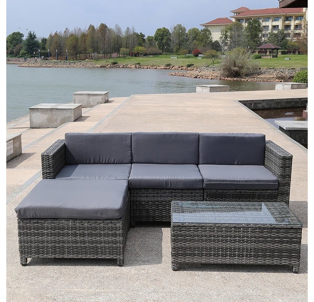 Melko Loungeset Sitzgruppe Polyrattan Lounge Gartensofa Set Grau Liege, (Set, Tisch mit 3-Sitzer Sofa und Hocker) von Melko