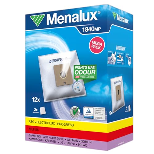 Menalux 1840MP Megapack, 12 Staubbeutel Duraflow Synthetik, 2 Motorfilter, Passend für u.a. AEG, Dirt Devil (Infinity M 7117 Bg1 Silence, Lifty M 1565, M 7019, M 7006, Paroly M 7009), Nilfisk von Menalux