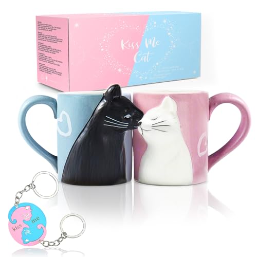 MengCat Katze Kaffee Paar Bechersatz, Keramik Teetassen Set, Kuss Hochzeit Becher für Braut und Bräutigam, Geschenk für Jubiläum, Engagement, Valentinstag, Geburtstag von MengCat