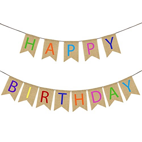 Sackleinen Banner Geburtstags-Banner mit Aufschrift "Happy Birthday" Rustikale Jute-Banner Schwalbenschwanz Flagge Bunte Wimpelkette Girlande für Geburtstag Party Dekoration von MengH-SHOP