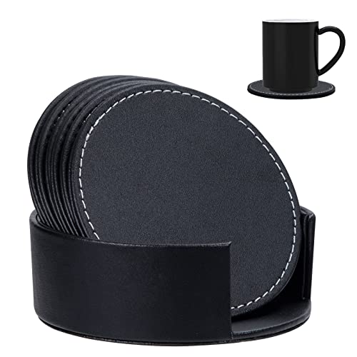 Untersetzer PU-Leder Untersetzer Rund Getränke-Untersetzer Schwarz Tischuntersetzer mit Halter Set für Getränke Bar Tassen Kaffee Bier 6 Stücke von MengH-SHOP