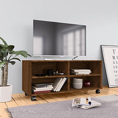 Mengtu TV-Schrank mit Rollen TV-Lowboard 4 offene Fächer Fernsehtisch Fernsehschrank Unterschrank Möbel Moderner für Wohnzimmer Schlafzimmer Braun Eiche 90x35x35 cm Holzwerkstoff von Mengtu