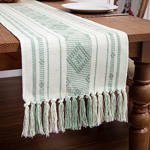 Menkala Boho Tischläufer Grün Gestreift Hochzeit Vintage Outdoor Tischdecke Mintgrün mit Fransen Tischläufer Geometrisch Streifen Tischdeko Geburtstag Küche Esszimmer Party Urlaub Dekoration 34x120cm von Menkala