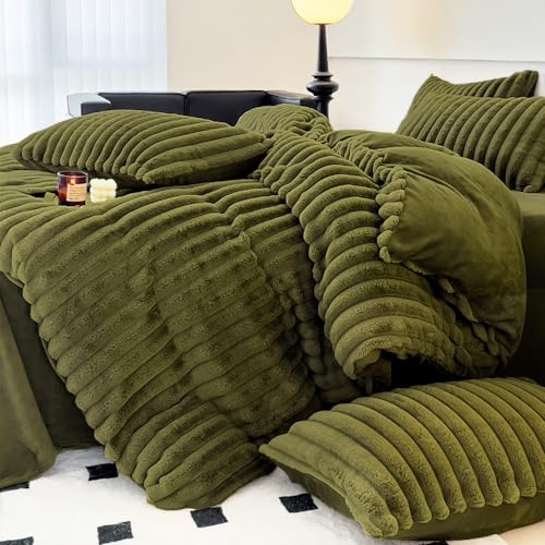 Menkala Plüsch Bettwäsche 200x200 Grün Uni Winter Warm Shaggy Kunstfell Flauschig Plüschbettwäsche Gestreift Luxus Felloptik Flanell Doppelbett Bettbezug Reißverschluss und 2 Kissenbezug 80x80cm von Menkala