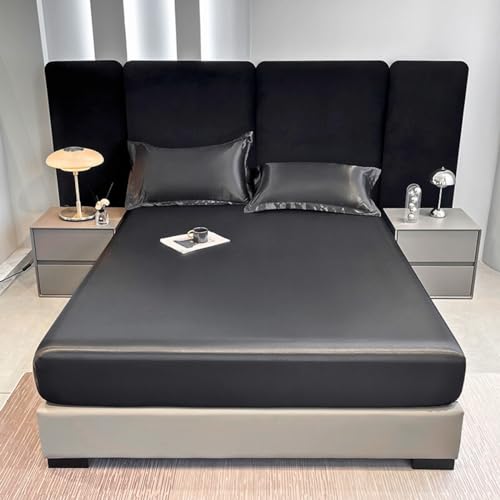 Menkala Spannbettlaken 140x200cm Boxspringbett Schwarz Mako Satin Bettlaken Glatt Entspanno Matratzenbezug Gummizug Matratzentopper Luxury Seiden Sommer Spannbetttuch für Topper Matratze bis Höhe 30cm von Menkala