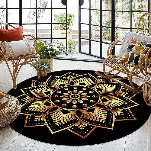 Menkala Teppich Rund 160 cm Boho Style Vintage Mandala Schwarz Gold Blumen Muster Waschbarer rutschfest Kurzflor Wohnzimmerteppich Bohemien Deko für Wohnzimmer Schlafzimmer Balkon Flur Garten von Menkala