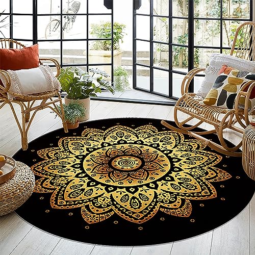 Menkala Teppich Rund 160 cm Boho Style Vintage Mandala Schwarz Gold Blumen Muster Waschbarer rutschfest Kurzflor Wohnzimmerteppich Bohemien Deko für Wohnzimmer Schlafzimmer Flur Balkon Garten von Menkala