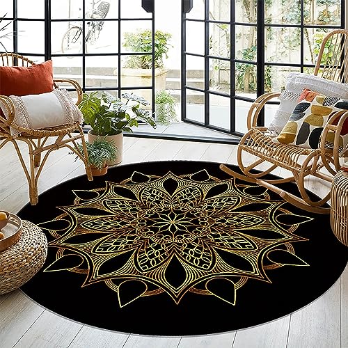 Menkala Teppich Rund 160 cm Schwarz Gold Mandala Boho Style Vintage Blumen Muster Waschbarer rutschfest Kurzflor Wohnzimmerteppich Bohemien Deko für Wohnzimmer Schlafzimmer Balkon Flur Garten von Menkala