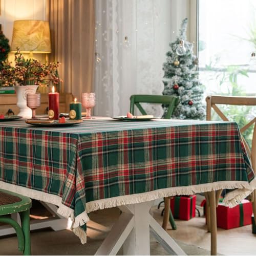 Menkala Tischdecke Abwaschbar Weihnachten Grün Kariert Tischtuch mit Quasten Romantisch Landhausstil Baumwolle Leinen Weihnachtstischdecke Rechteckig 140x200cm für Home Küche Speisetisch Dekoration von Menkala