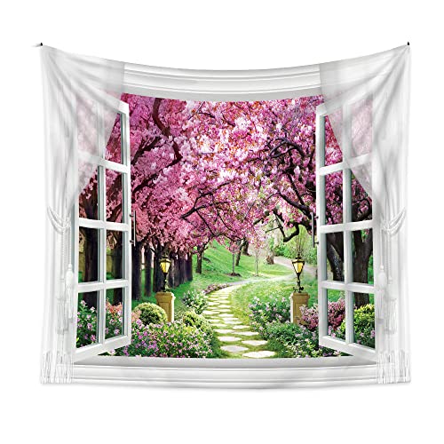 Menkala Wandteppich Rosa Blumen Kirschblüte Grün Garten Frühling Fenster Motiv Hintergrund Wanddeko Natur Landschaft Wandbehang Aesthetic Wandtuch 130x150cm Tapestry Deko für Schlafzimmer Wohnzimmer von Menkala