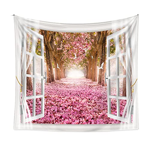 Menkala Wandteppich Rosa Blumen Kirschblüte mit Fenster Motiv Hintergrund Wanddeko Natur Landschaft Wandbehang Aesthetic Wandtuch 150x200cm Tapestry Deko für Schlafzimmer Wohnzimmer Picknick von Menkala