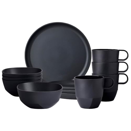 Mepal Frühstücks-Set 12-teilig Silueta Becher (300 ml), Teller (23 cm) und Schalen (750 ml) Outdoor-Geschirr für 4 Personen Spülmaschinen- und mikrowellenfest Kunststoff (PET) Nordic Black von Mepal