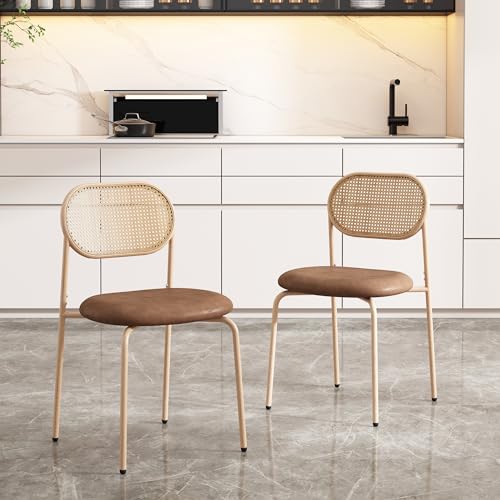 Merax Esszimmerstühle 2er Set, Moderner Küchenstühle mit Rattan Rückenlehne, Essstühle mit Vier Stützbeinen aus Metall, PU, Braun von Merax