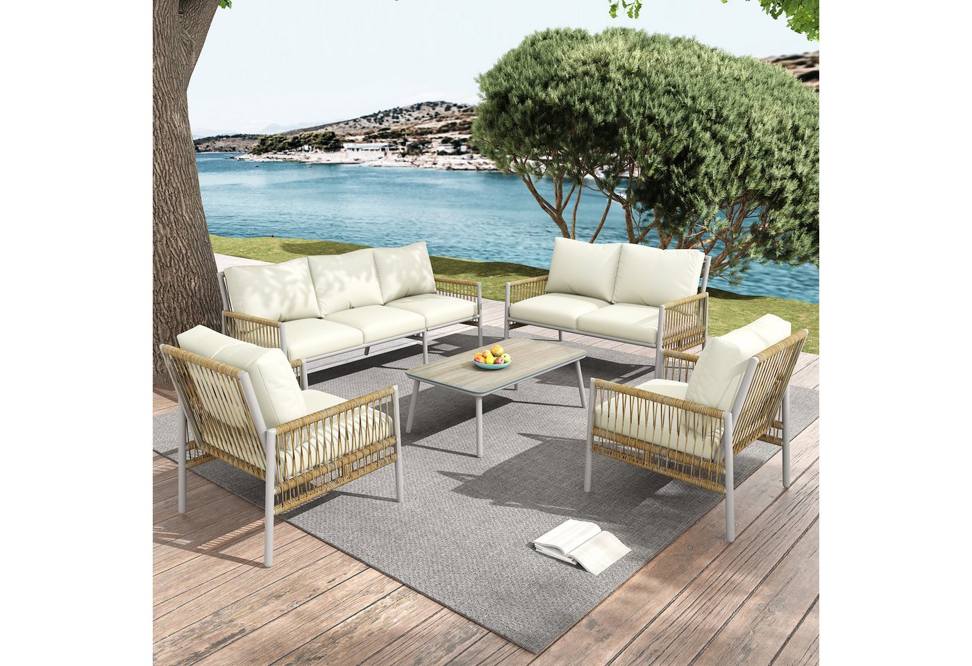 Merax Gartenlounge-Set für 7 Personen, (5-tlg., 1 3-Sitzer, 1 2-Sitzer, 2 Sessel, 1 Couchtisch), Gartenmöbel Set mit Stahlrahmen, Rope Lounge, Balkonset von Merax