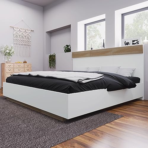 Merax Holzbett Doppelbett, Bettrahmen aus Holz mit Kopfteil und Lattenrost, 140 x 200 cm, Modern Schwebebett, Futonbett, Bett für Erwachsene & Jugend, Schlafzimmermöbel, Weiß & Eiche Sonoma von Merax