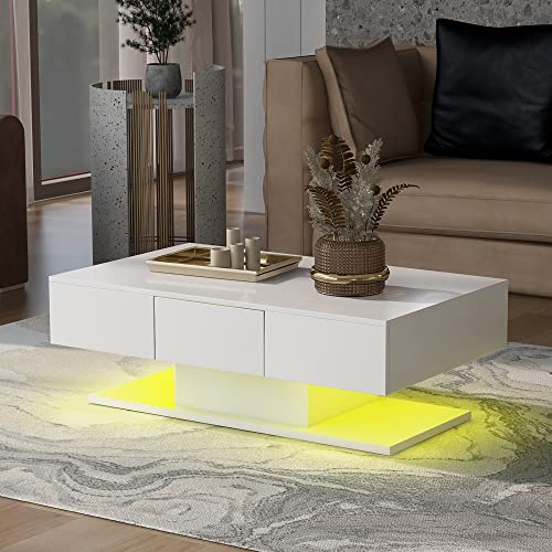 Merax Modern Couchtisch, Hochglanzige Tee mehrere mit Led-Licht, Beistelltische mit 2 Schubladen fürs Wohnzimmer Büro, Wohnzimmertisch mit 2-stufiges Design, Sofatisch, 100 x 60 x 35cm, Weiß von Merax