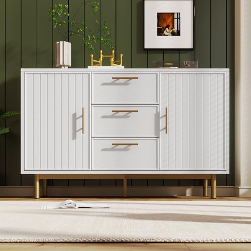 Merax Sideboard Kommode mit 2 Türen und 3 Schubladen, Weiß Modern Buffetschrank Beistellschrank mit viel Stauraum, Verstellbare Ablage, Metallbeinen, für Flur Schlafzimmer Wohnzimmer, 120x40x75cm von Merax