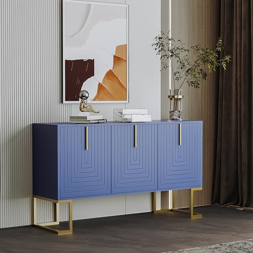 Merax Sideboard Kommode mit 3 Türen, Moderne Küchenschrank mit Verstellbare Ablage, Buffetschrank mit viel Stauraum, schlichten Stil, Metallbeinen, für Wohnzimmer Esszimmer Flur, Blau, 138x40x80,5cm von Merax