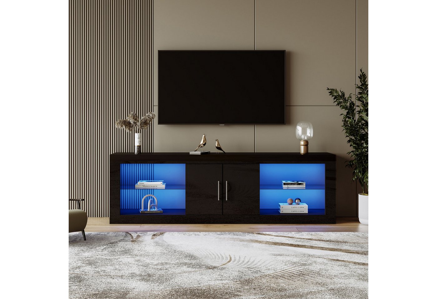 Merax TV-Schrank mit Glasböden und verstellbarem Einlegeboden Lowboard mit Hochglanz Front, TV-Board mit LED, TV-Ständer, B:140cm von Merax