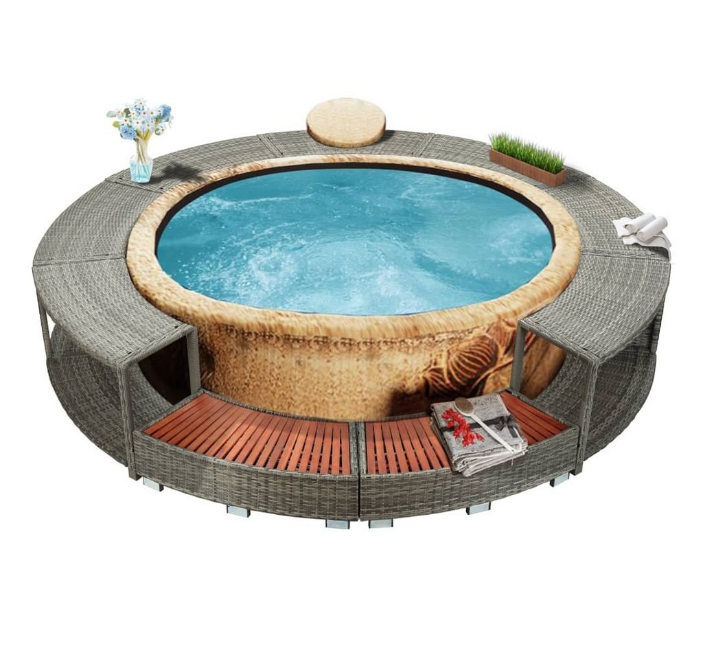 Merax Whirlpool Umrandung Polyrattan mit Stauraum, Rund Poolumrandung für Whirlpool, Spa Schwimmbecken, Gartenmäbel Set, Lounge Set, Balkonset von Merax