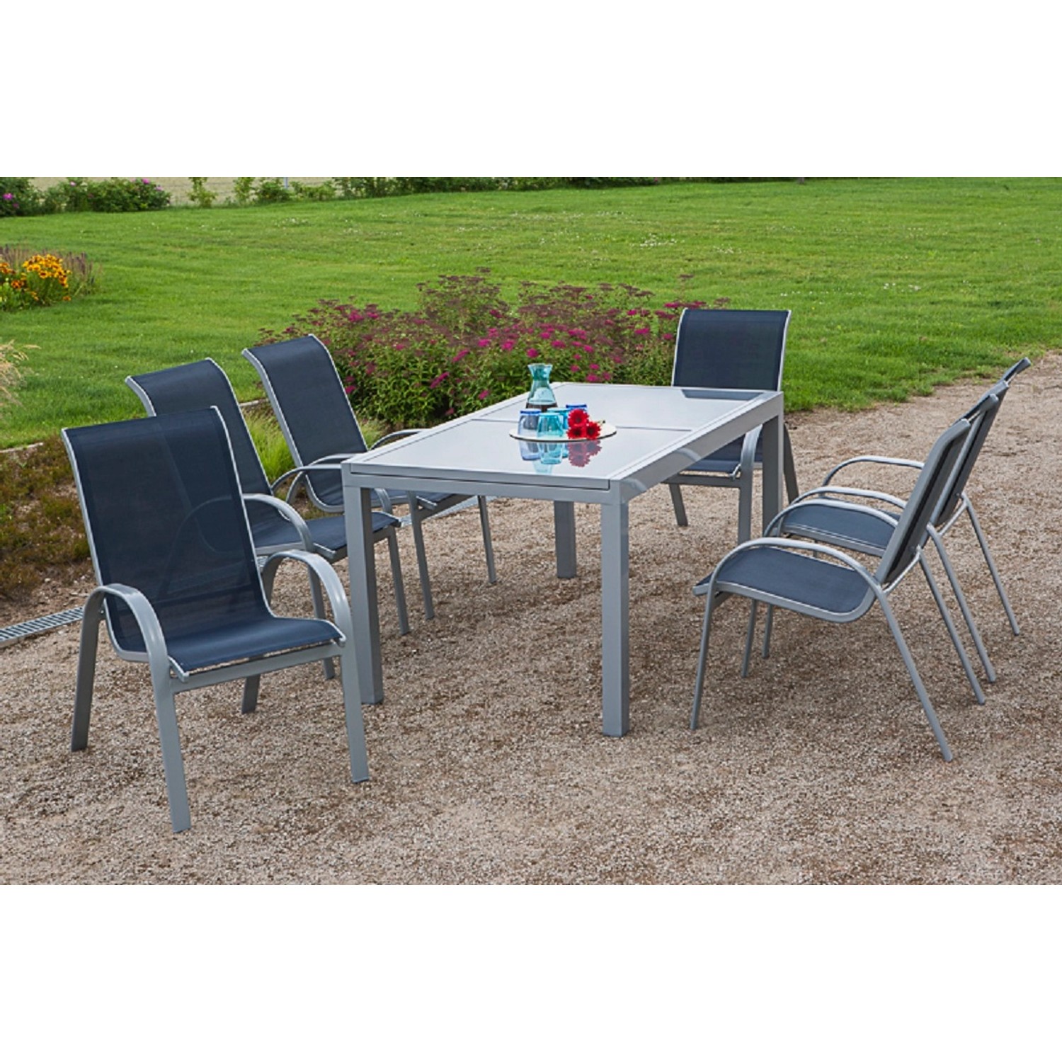 Gartenmöbel-Set Esstisch-Gruppe Amalfi Aluminium Marineblau 7-tlg. von Merxx