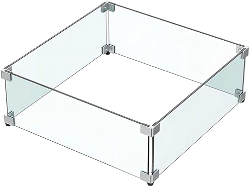 MESIDA 50 x 50 x 15 cm Feuerstelle, Glas-Windschutz, gehärtetes Glas, Feuerstelle, Tischschild, dick und stabil, mit Harter Aluminium-Eckhalterung und Gummifüßen von Mesida